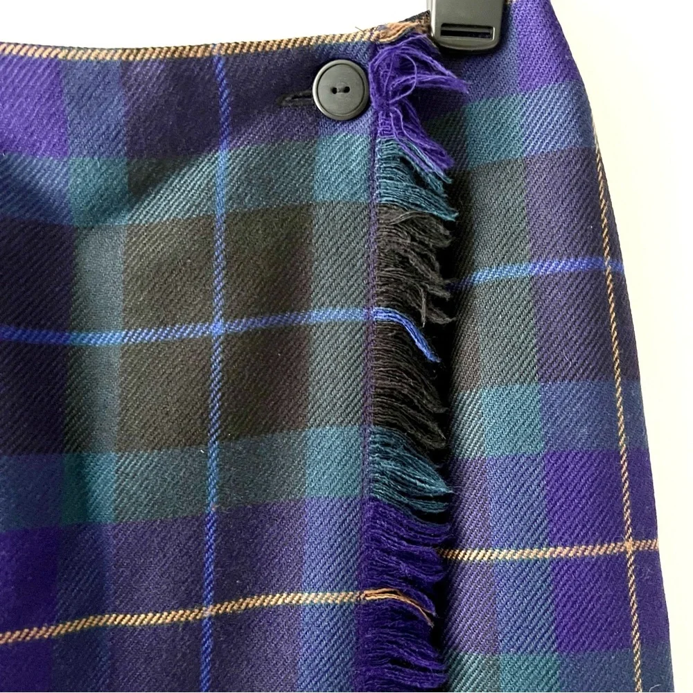 TALBOTS | Plaid Vintage Wool Wrap Long Maxi Skirt Purple Green Fringe Size 4 - Picture 3 of 11